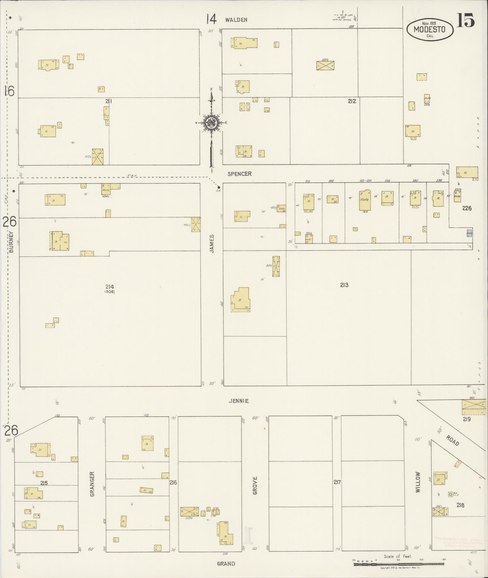 Sanborn Fire Insurance Map from Modesto, Stanislaus County, California (1919), Sheet #0015 - Historic Sanborn Fire Insurance Map Print, vintage old map wall art, antique decor, genealogy gift, California California map