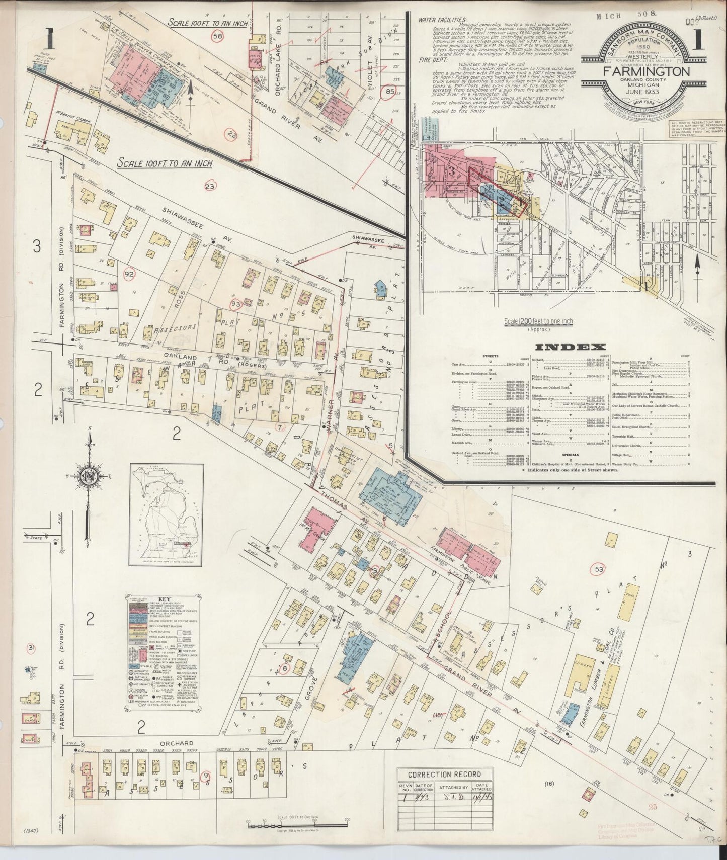 Sanborn Fire Insurance Map from Farmington, Oakland County, Michigan (1943), Sheet #0001 - Complete Map Set gallery image, historic Sanborn map, vintage wall art, Michigan Michigan