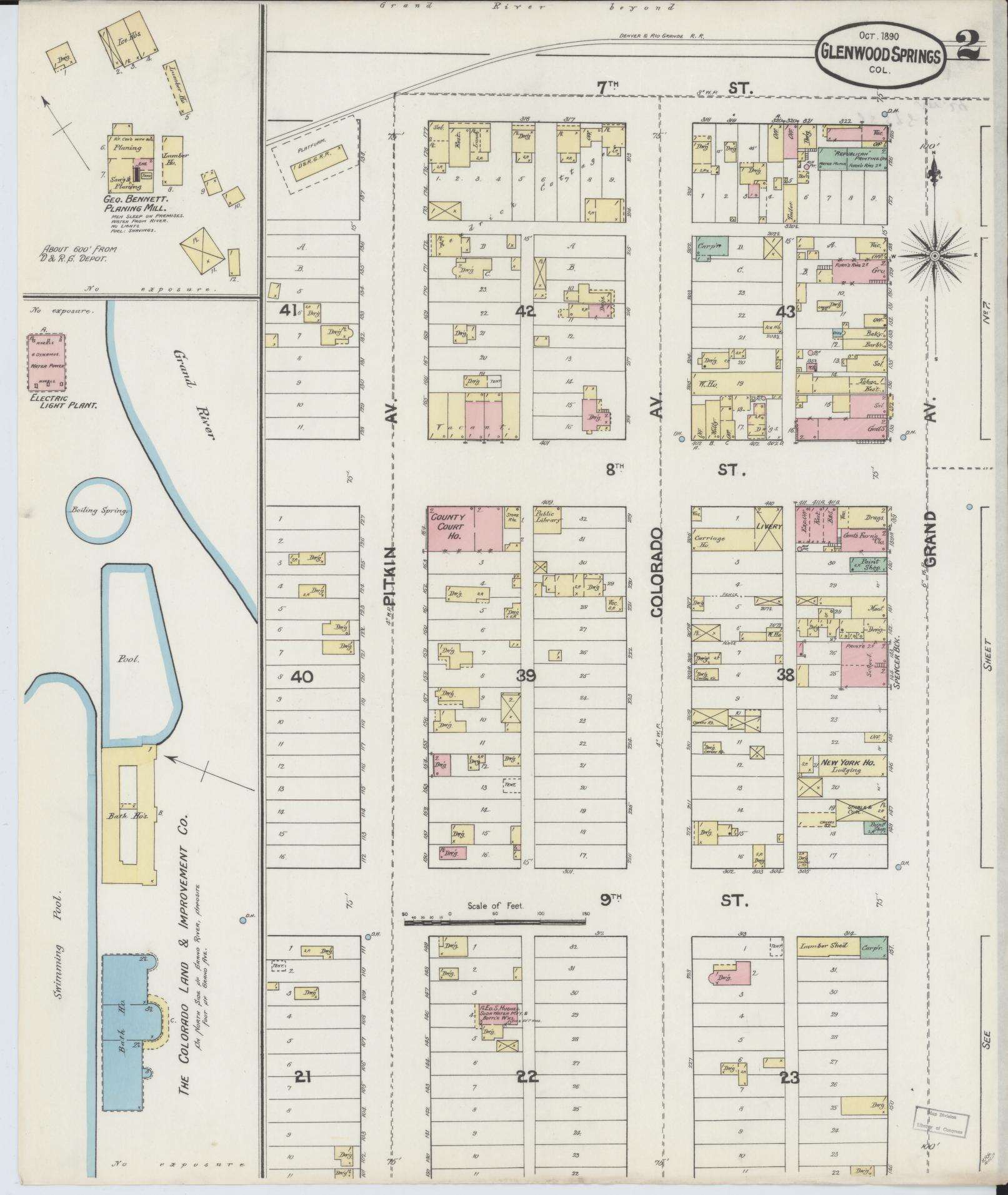 Sanborn Fire Insurance Map from Glenwood Springs, Garfield County, Colorado (1890), Sheet #0002 - Historic Sanborn Fire Insurance Map Print, vintage old map wall art, antique decor, genealogy gift, Colorado Colorado map