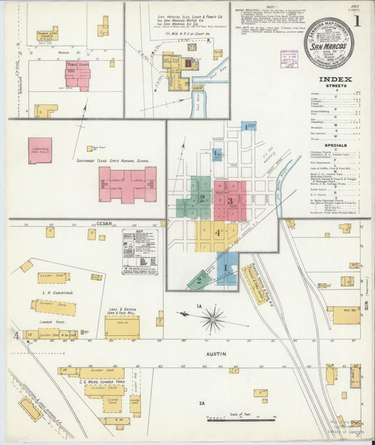 Sanborn Fire Insurance Map from San Marcos, Hays County, Texas (1906), Sheet #0001 - Historic Sanborn Fire Insurance Map Print, vintage old map wall art, antique decor, genealogy gift, Texas Texas map