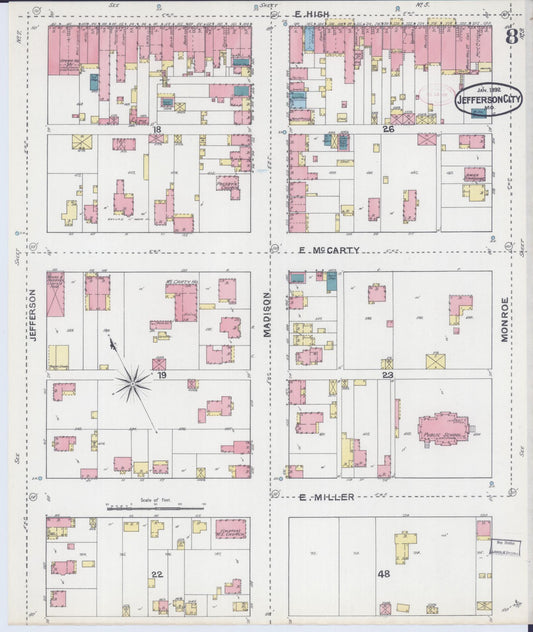 Sanborn Fire Insurance Map from Jefferson City, Cole County, Missouri (1892), Sheet #0008 - Historic Sanborn Fire Insurance Map Print, vintage old map wall art, antique decor, genealogy gift, Missouri Missouri map