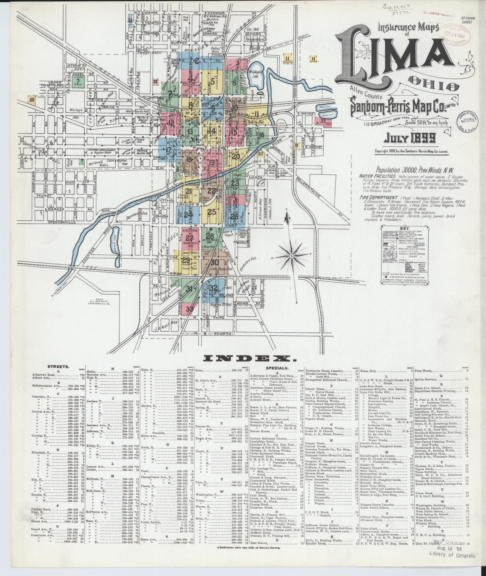 Sanborn Fire Insurance Map from Lima, Allen County, Ohio (1899), Sheet #0001 - Historic Sanborn Fire Insurance Map Print, vintage old map wall art, antique decor, genealogy gift, Ohio Ohio map