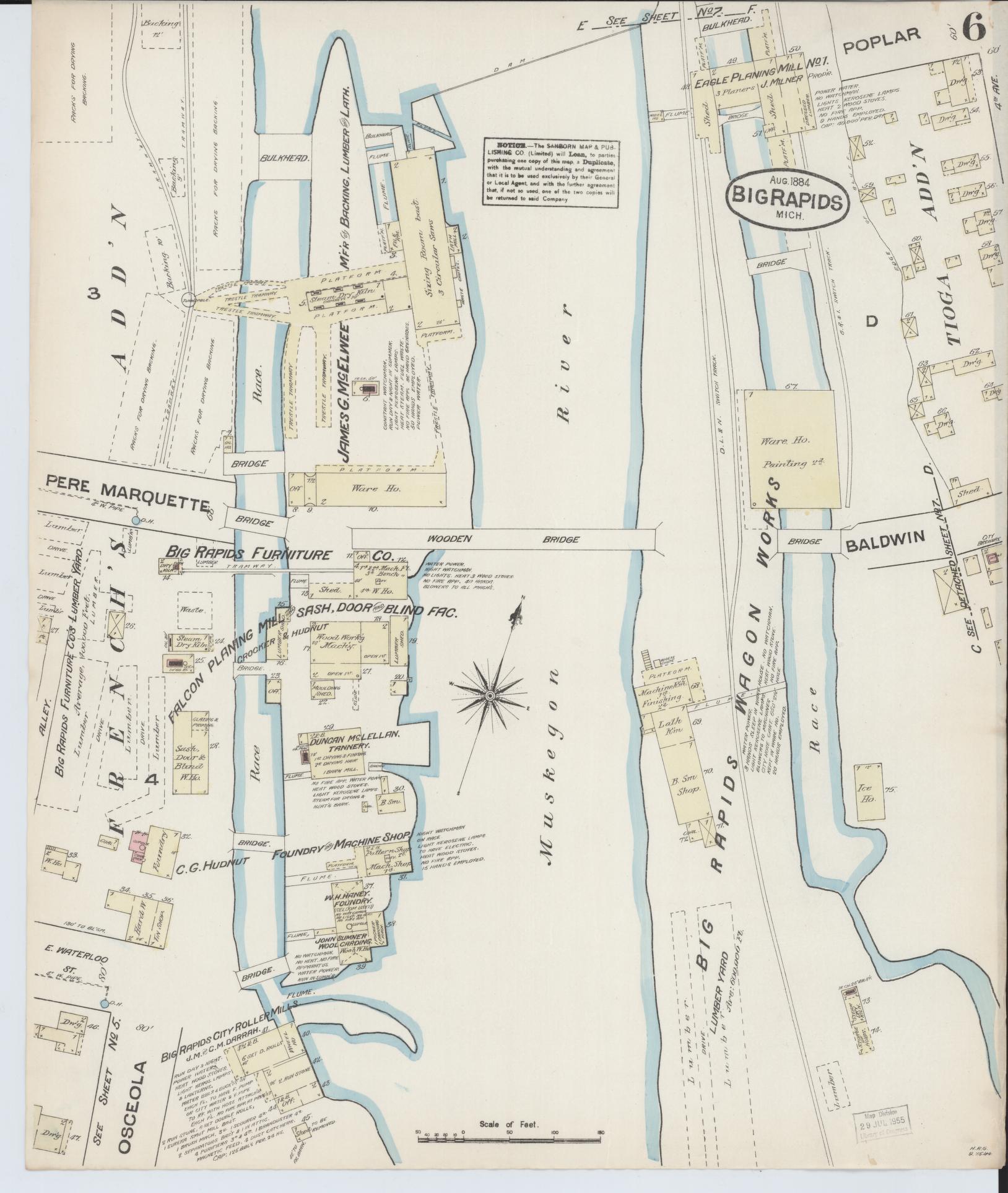 Sanborn Fire Insurance Map from Big Rapids, Mecosta County, Michigan (1884), Sheet #0006 - Historic Sanborn Fire Insurance Map Print, vintage old map wall art, antique decor, genealogy gift, Michigan Michigan map