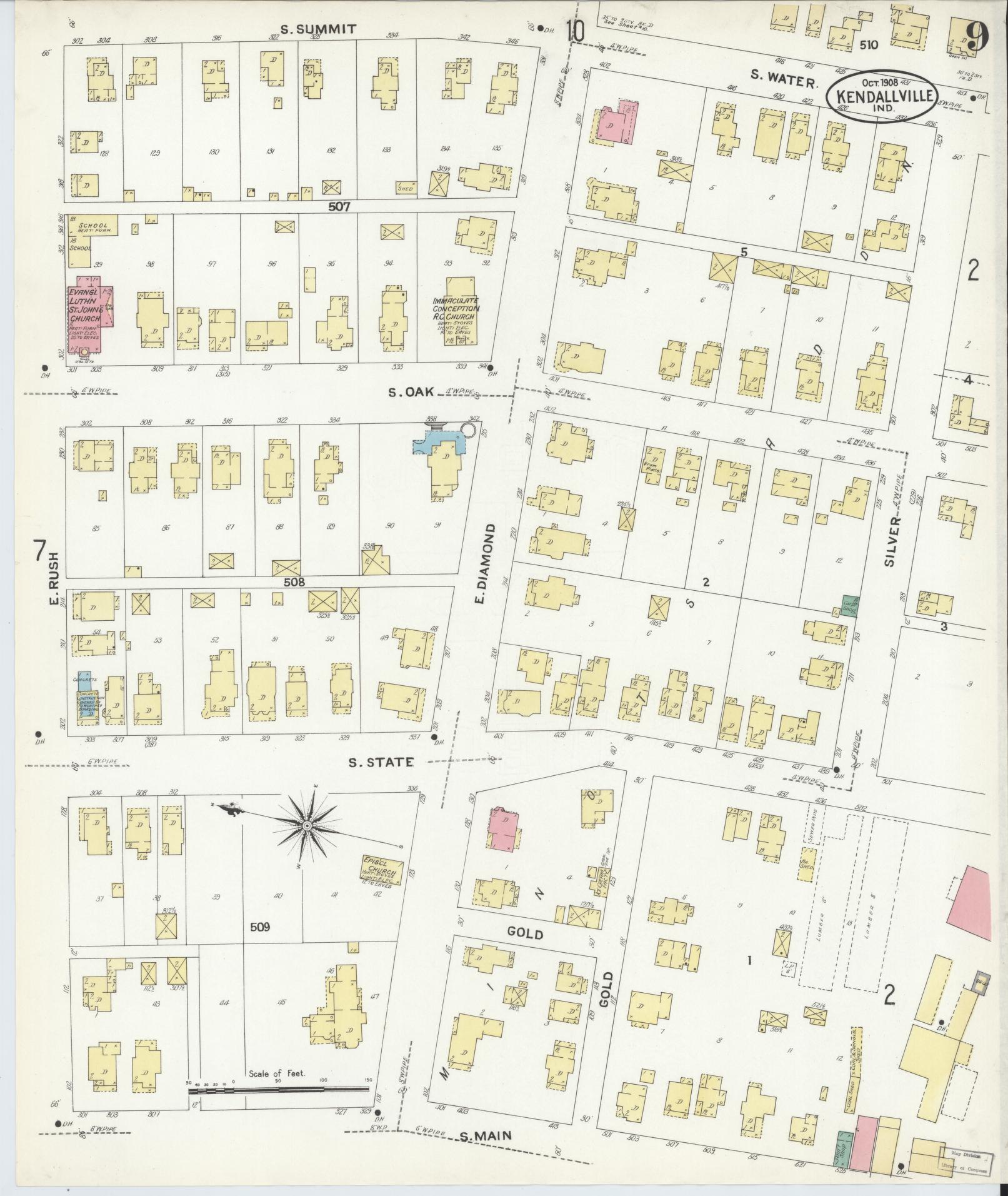 Sanborn Fire Insurance Map from Kendallville, Noble County, Indiana (1908), Sheet #0009 - Historic Sanborn Fire Insurance Map Print, vintage old map wall art, antique decor, genealogy gift, Indiana Indiana map