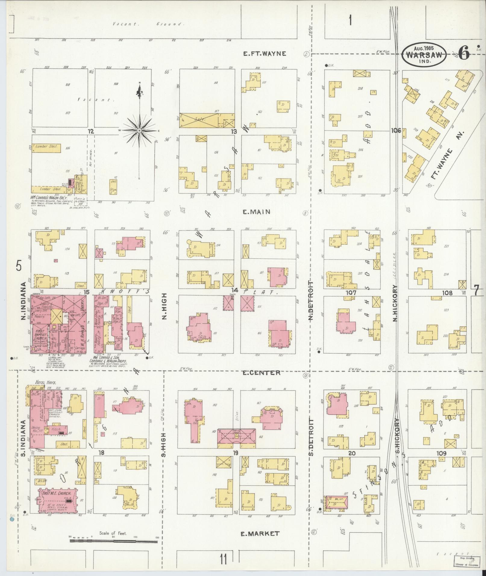 Sanborn Fire Insurance Map from Warsaw, Kosciusko County, Indiana (1905), Sheet #0006 - Complete Map Set gallery image, historic Sanborn map, vintage wall art, Indiana Indiana