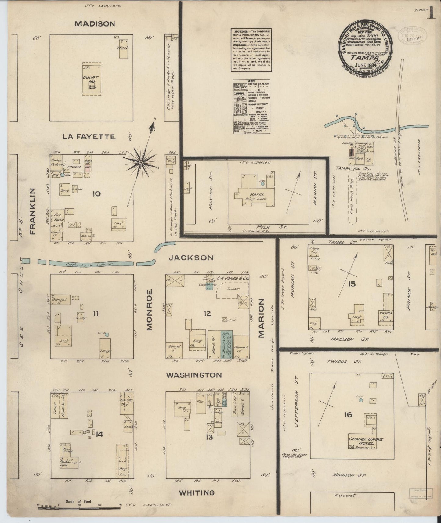 Sanborn Fire Insurance Map from Tampa, Hillsborough County, Florida (1884), Sheet #0001 - Complete Map Set gallery image, historic Sanborn map, vintage wall art, Florida Florida