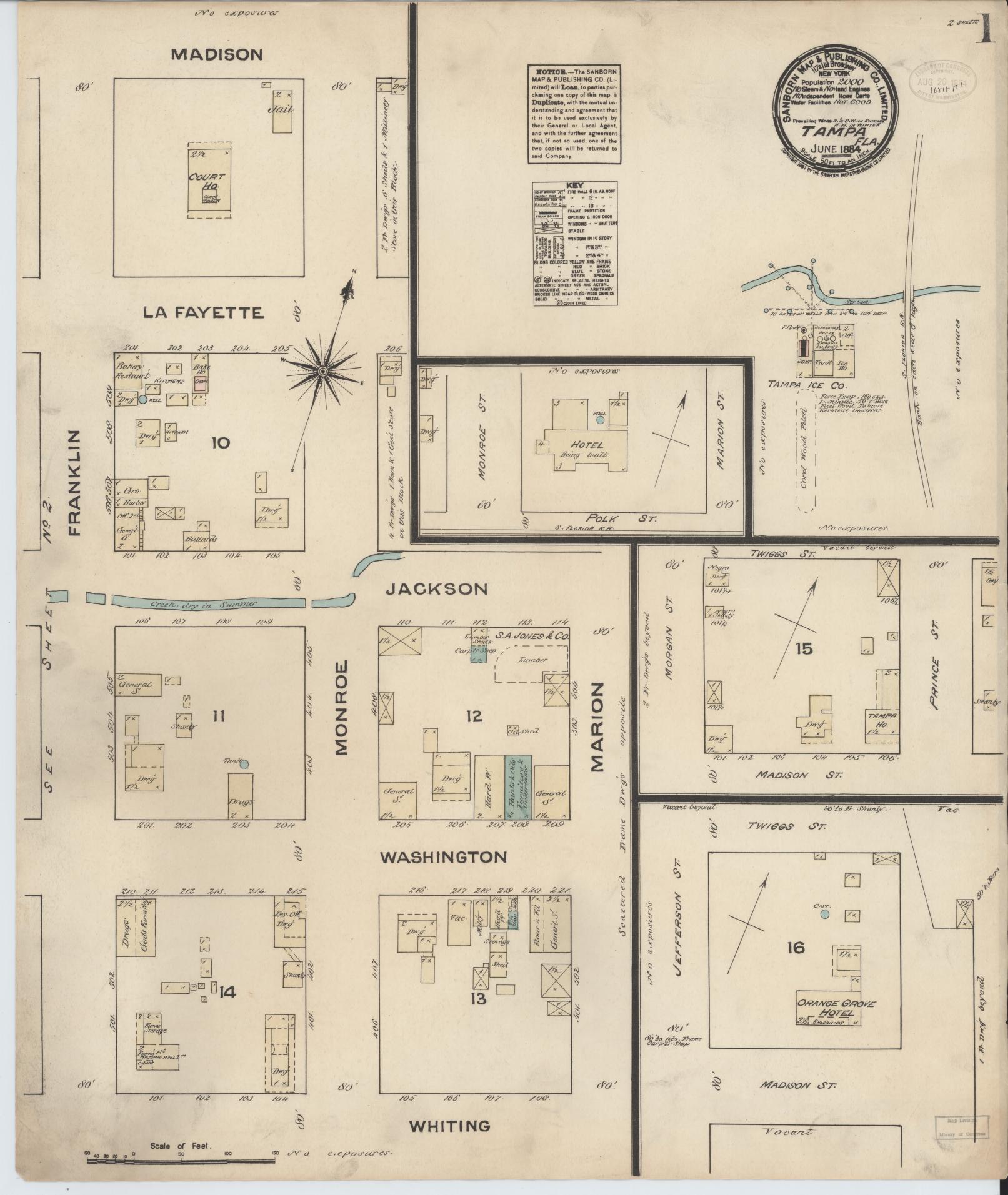 Sanborn Fire Insurance Map from Tampa, Hillsborough County, Florida (1884), Sheet #0001 - Complete Map Set gallery image, historic Sanborn map, vintage wall art, Florida Florida