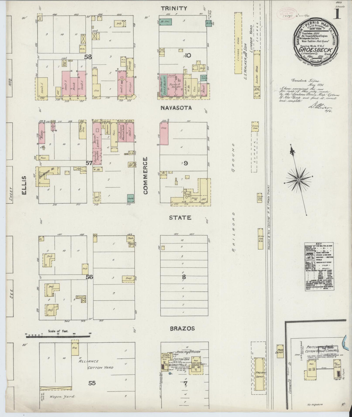 Sanborn Fire Insurance Map from Groesbeck, Limestone County, Texas (1891), Sheet #0001 - Complete Map Set gallery image, historic Sanborn map, vintage wall art, Texas Texas