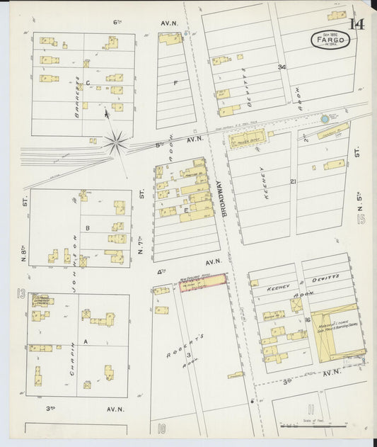 Sanborn Fire Insurance Map from Fargo, Cass County, North Dakota (1892), Sheet #0014 - Historic Sanborn Fire Insurance Map Print, vintage old map wall art, antique decor, genealogy gift, North Dakota North Dakota map
