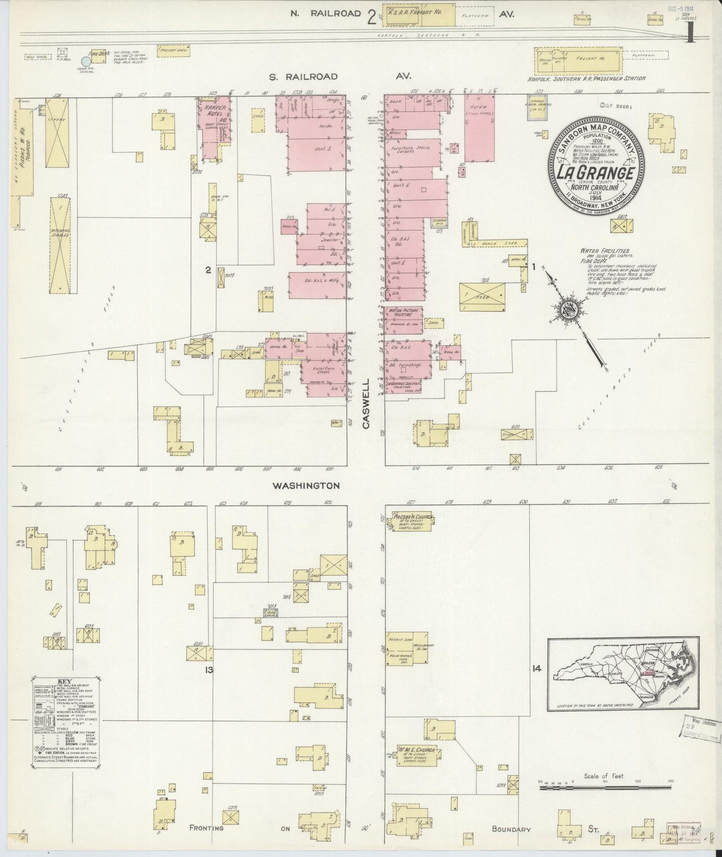 Sanborn Fire Insurance Map from La Grange, Lenoir County, North Carolina (1914), Sheet #0001 - Complete Map Set gallery image, historic Sanborn map, vintage wall art, North Carolina North Carolina