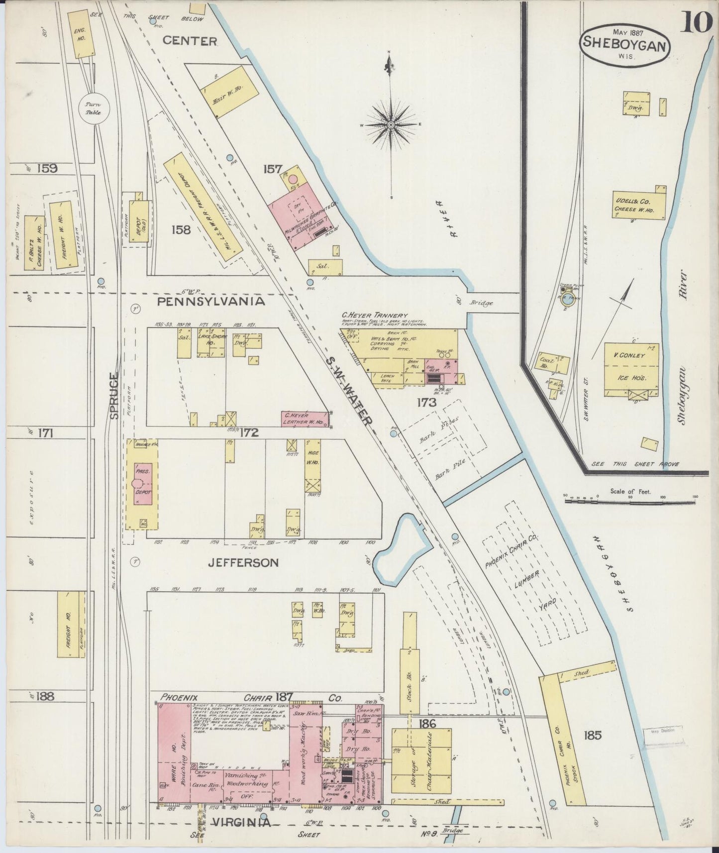 Sanborn Fire Insurance Map from Sheboygan, Sheboygan County, Wisconsin (1887), Sheet #0010 - Historic Sanborn Fire Insurance Map Print, vintage old map wall art, antique decor, genealogy gift, Wisconsin Wisconsin map