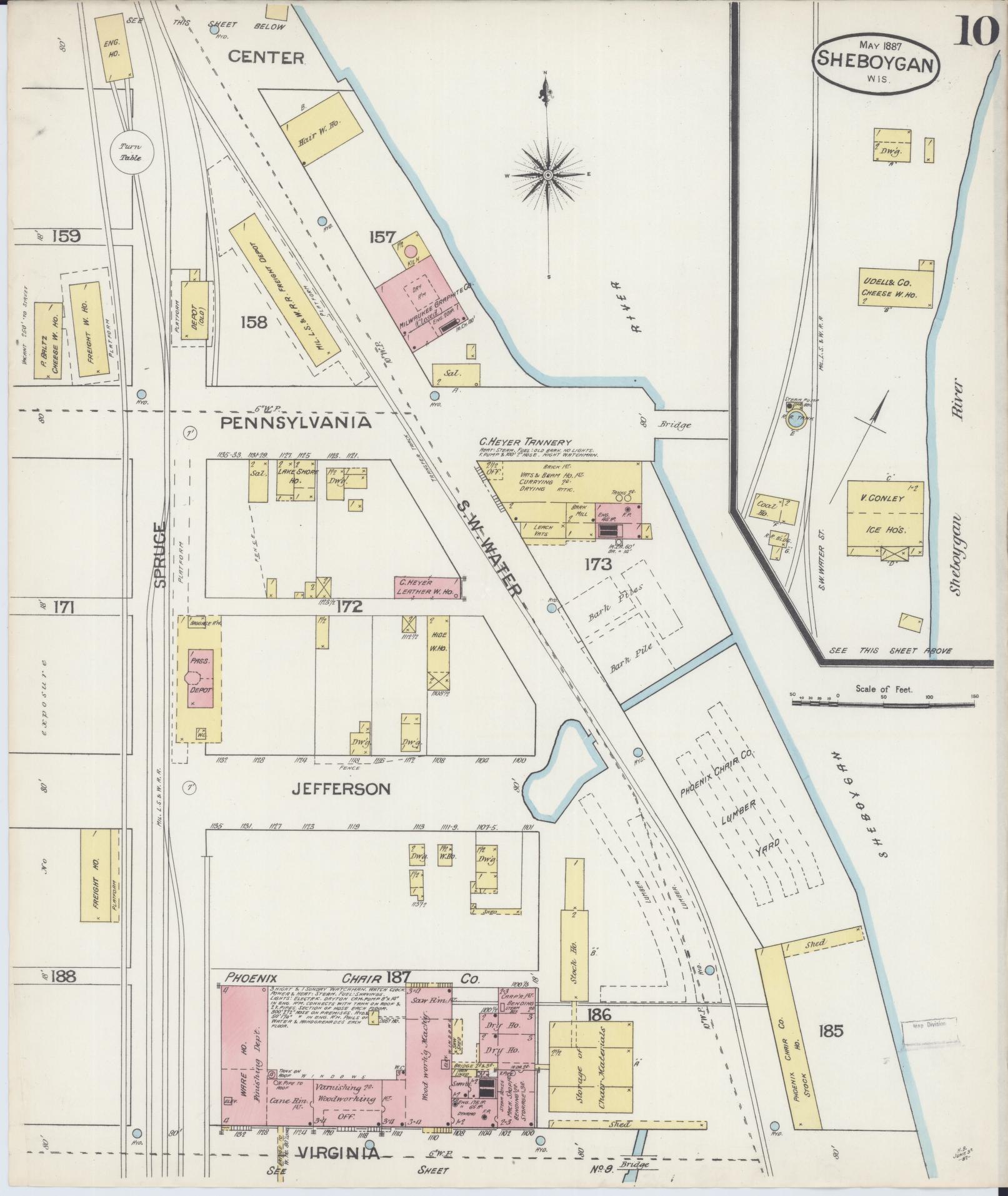Sanborn Fire Insurance Map from Sheboygan, Sheboygan County, Wisconsin (1887), Sheet #0010 - Historic Sanborn Fire Insurance Map Print, vintage old map wall art, antique decor, genealogy gift, Wisconsin Wisconsin map