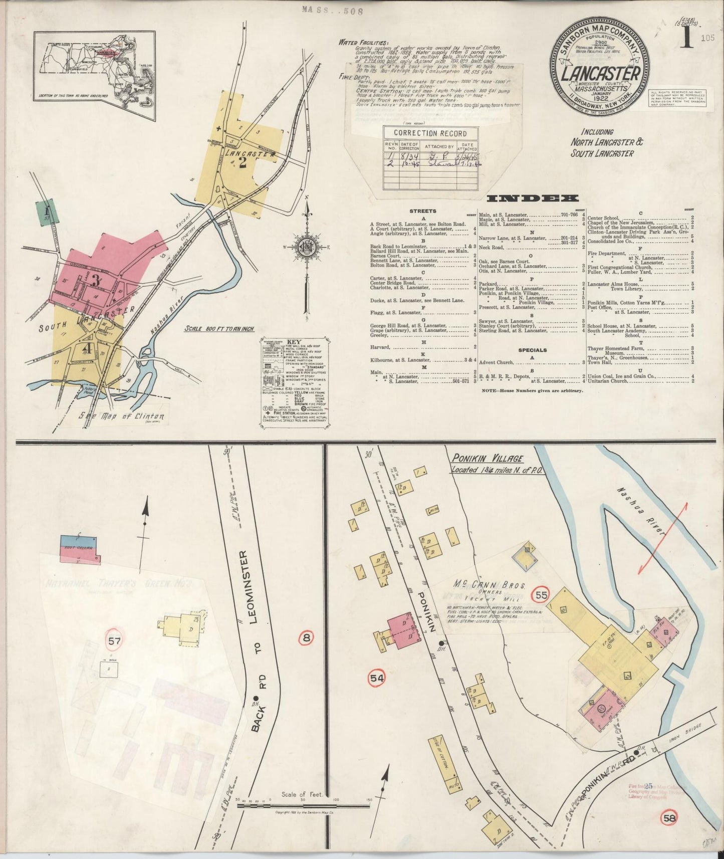 Sanborn Fire Insurance Map from Lancaster, Worcester County, Massachusetts (1945), Sheet #0001 - Complete Map Set gallery image, historic Sanborn map, vintage wall art, Massachusetts Massachusetts