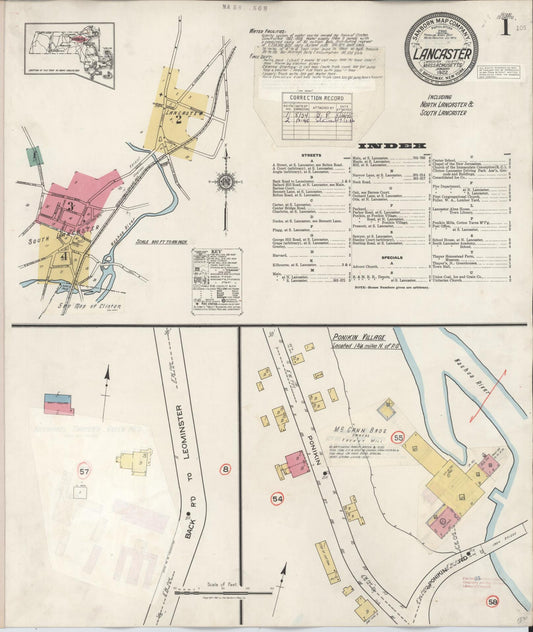 Sanborn Fire Insurance Map from Lancaster, Worcester County, Massachusetts (1945), Sheet #0001 - Complete Map Set gallery image, historic Sanborn map, vintage wall art, Massachusetts Massachusetts