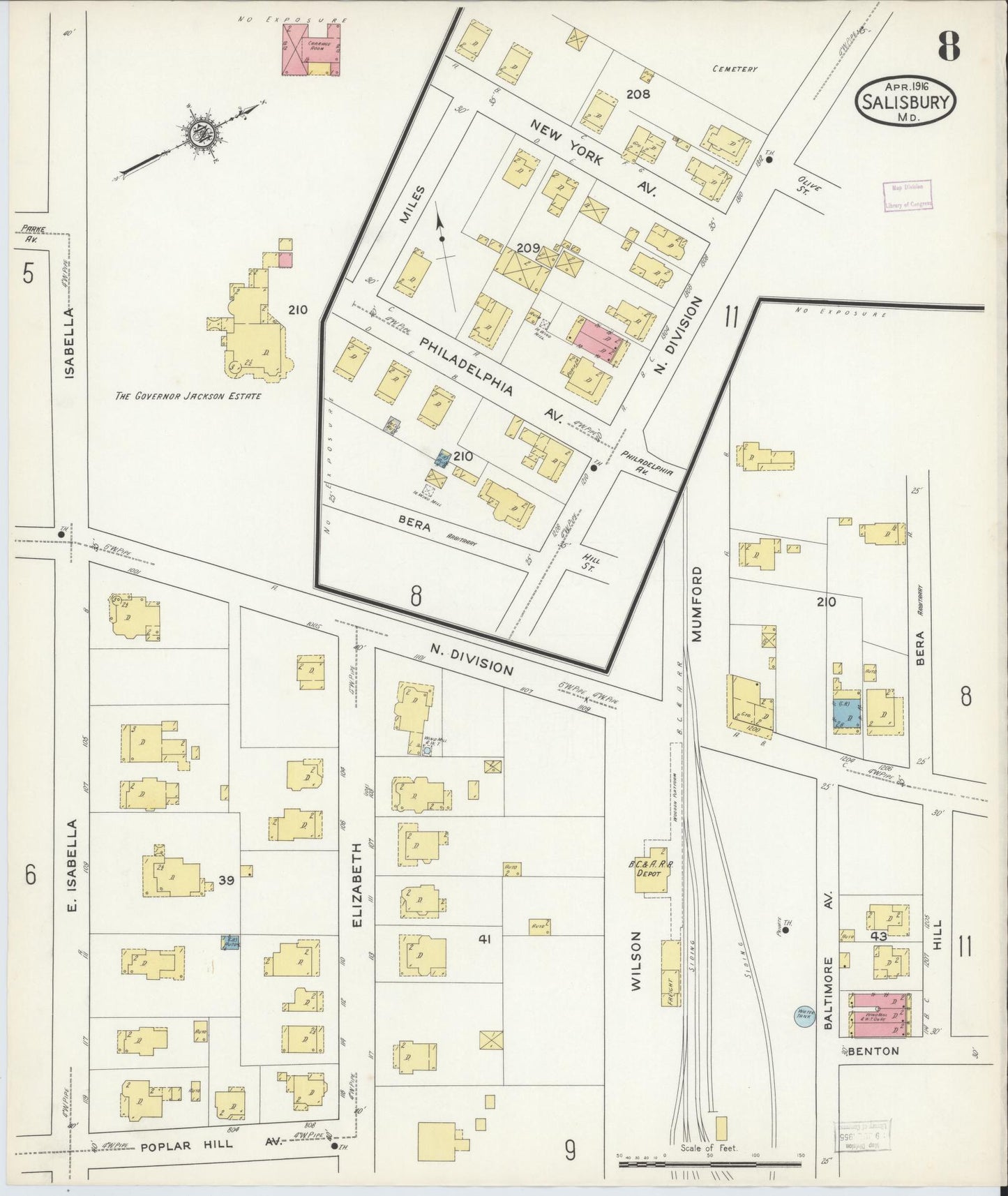 Sanborn Fire Insurance Map from Salisbury, Wicomico County, Maryland (1916), Sheet #0008 - Historic Sanborn Fire Insurance Map Print, vintage old map wall art, antique decor, genealogy gift, Maryland Maryland map