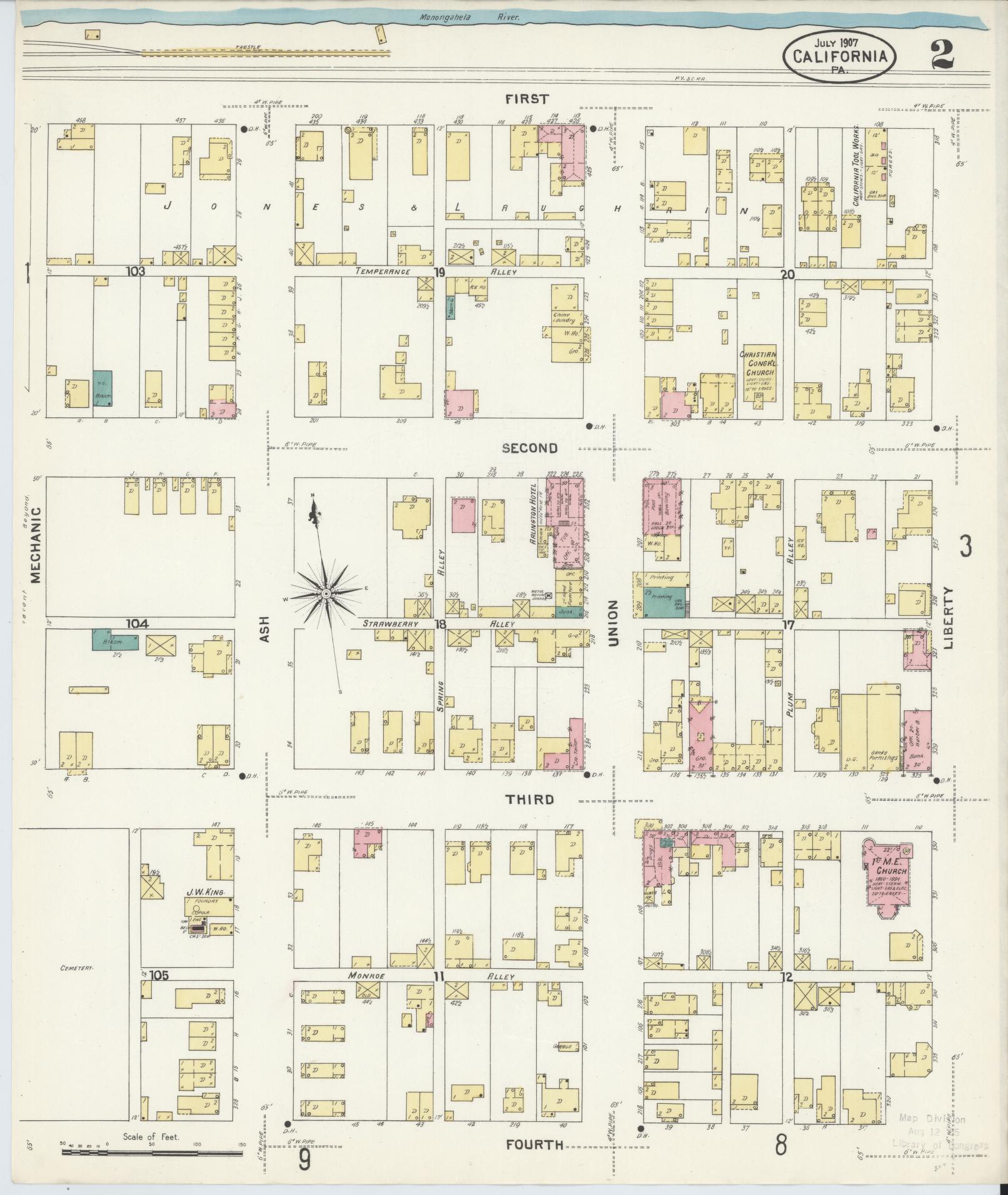 Sanborn Fire Insurance Map from California, Washington County, Pennsylvania (1907), Sheet #0002 - Historic Sanborn Fire Insurance Map Print, vintage old map wall art, antique decor, genealogy gift, Pennsylvania Pennsylvania map