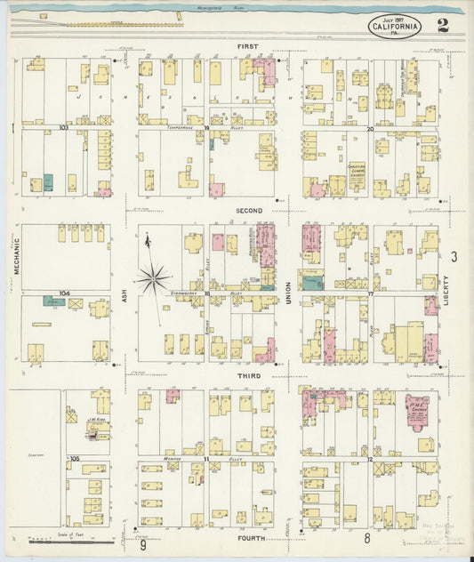 Sanborn Fire Insurance Map from California, Washington County, Pennsylvania (1907), Sheet #0002 - Historic Sanborn Fire Insurance Map Print, vintage old map wall art, antique decor, genealogy gift, Pennsylvania Pennsylvania map