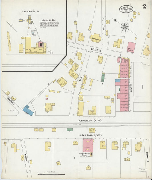 Sanborn Fire Insurance Map from Conyers, Rockdale County, Georgia (1901), Sheet #0002 - Historic Sanborn Fire Insurance Map Print, vintage old map wall art, antique decor, genealogy gift, Georgia Georgia map