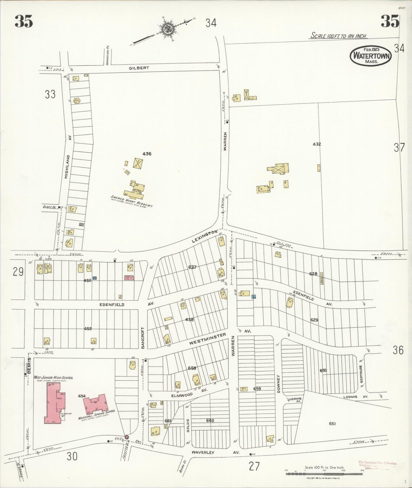 Sanborn Fire Insurance Map from Watertown, Middlesex County, Massachusetts (1923), Sheet #0035 - Historic Sanborn Fire Insurance Map Print, vintage old map wall art, antique decor, genealogy gift, Massachusetts Massachusetts map
