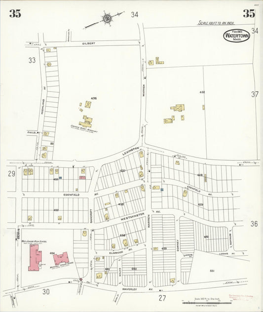 Sanborn Fire Insurance Map from Watertown, Middlesex County, Massachusetts (1923), Sheet #0035 - Historic Sanborn Fire Insurance Map Print, vintage old map wall art, antique decor, genealogy gift, Massachusetts Massachusetts map