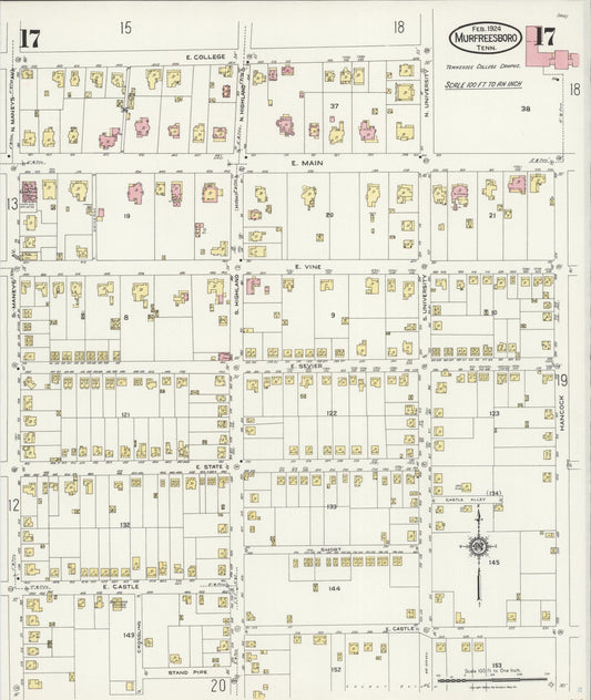 Sanborn Fire Insurance Map from Murfreesboro, Rutherford County, Tennessee (1924), Sheet #0017 - Historic Sanborn Fire Insurance Map Print, vintage old map wall art, antique decor, genealogy gift, Tennessee Tennessee map