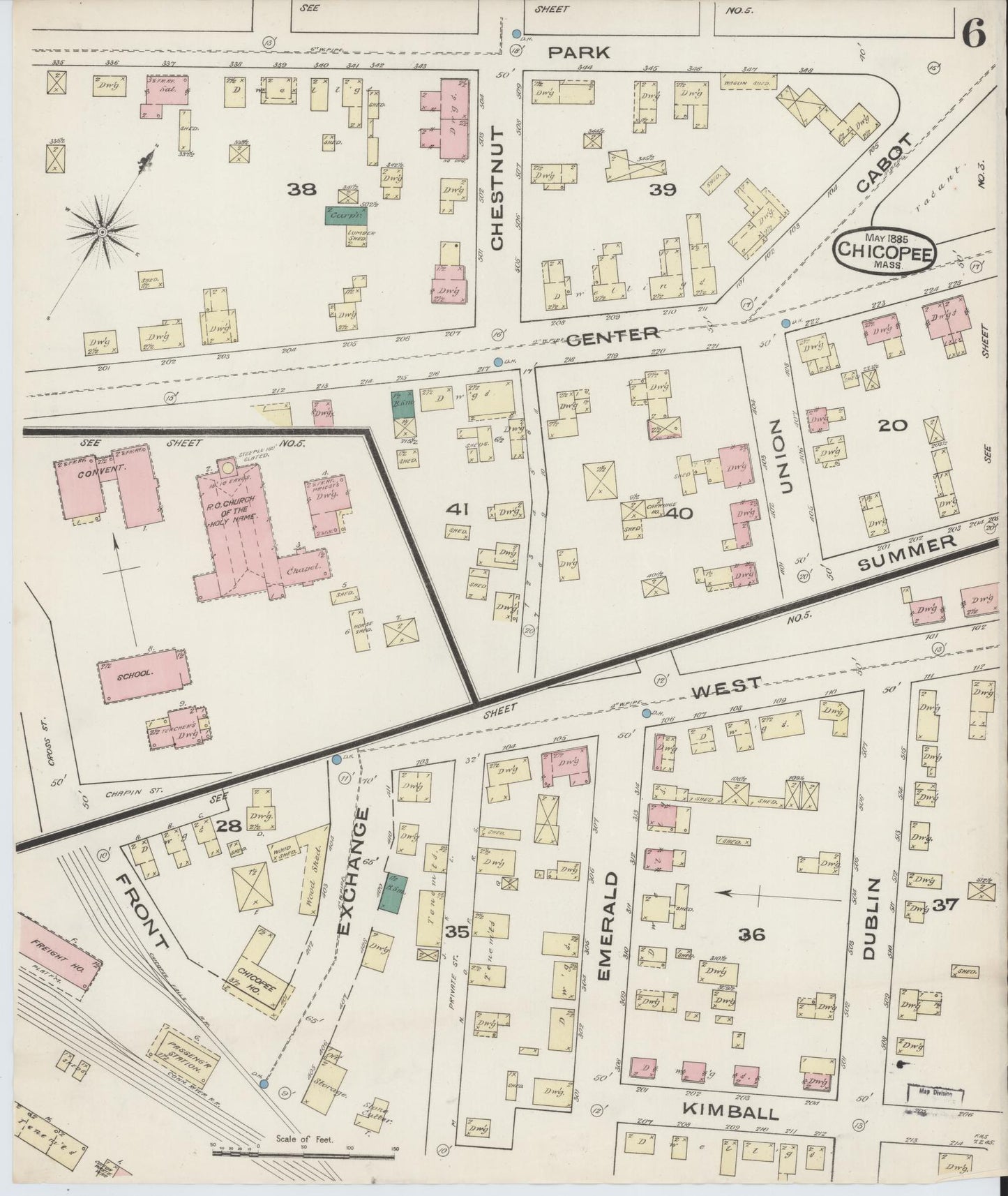 Sanborn Fire Insurance Map from Chicopee, Hampden County, Massachusetts (1885), Sheet #0006 - Historic Sanborn Fire Insurance Map Print, vintage old map wall art, antique decor, genealogy gift, Massachusetts Massachusetts map
