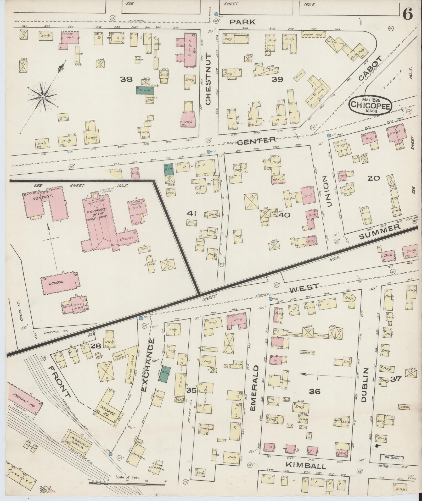Sanborn Fire Insurance Map from Chicopee, Hampden County, Massachusetts (1885), Sheet #0006 - Historic Sanborn Fire Insurance Map Print, vintage old map wall art, antique decor, genealogy gift, Massachusetts Massachusetts map