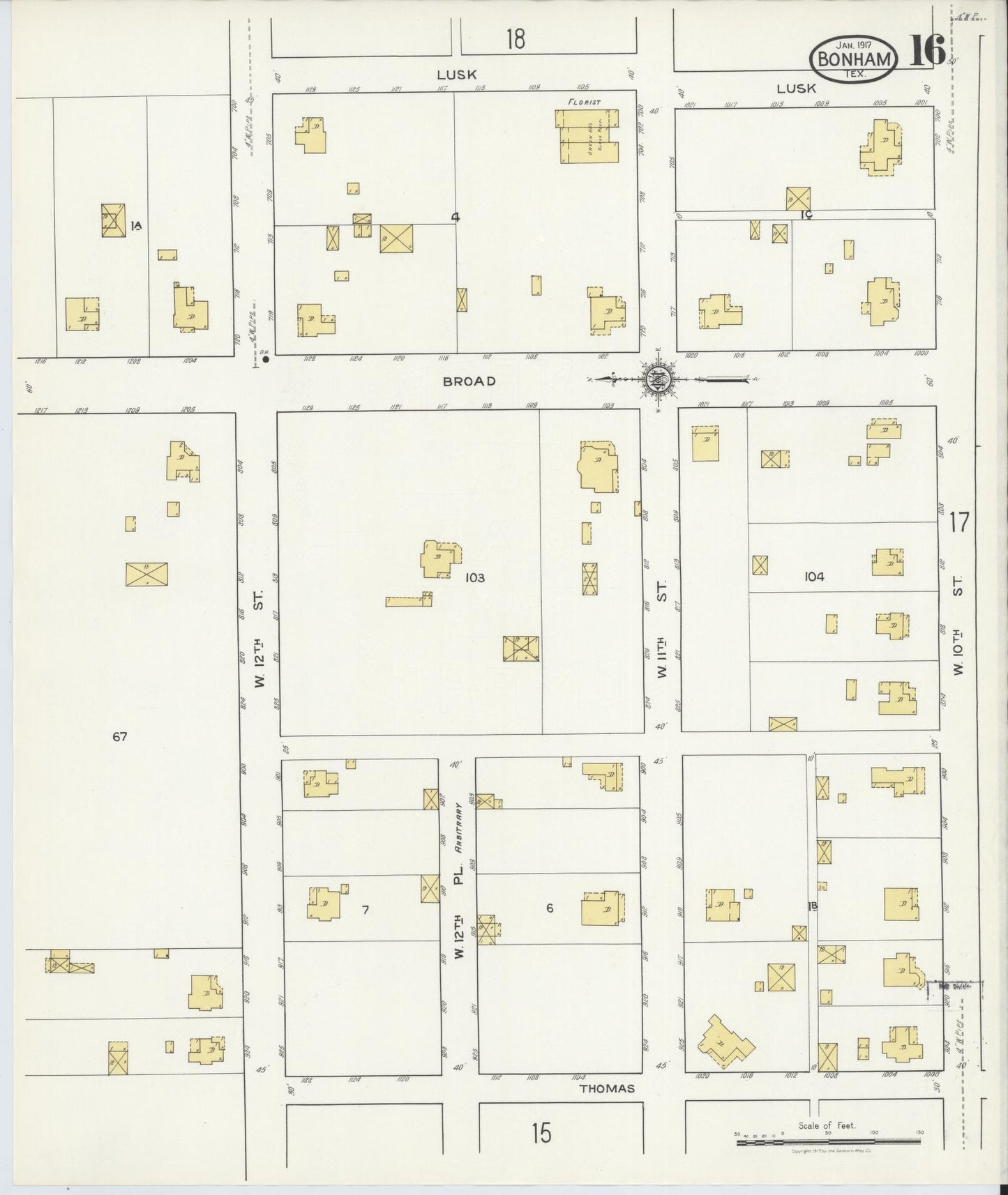 Sanborn Fire Insurance Map from Bonham, Fannin County, Texas (1917), Sheet #0016 - Historic Sanborn Fire Insurance Map Print, vintage old map wall art, antique decor, genealogy gift, Texas Texas map