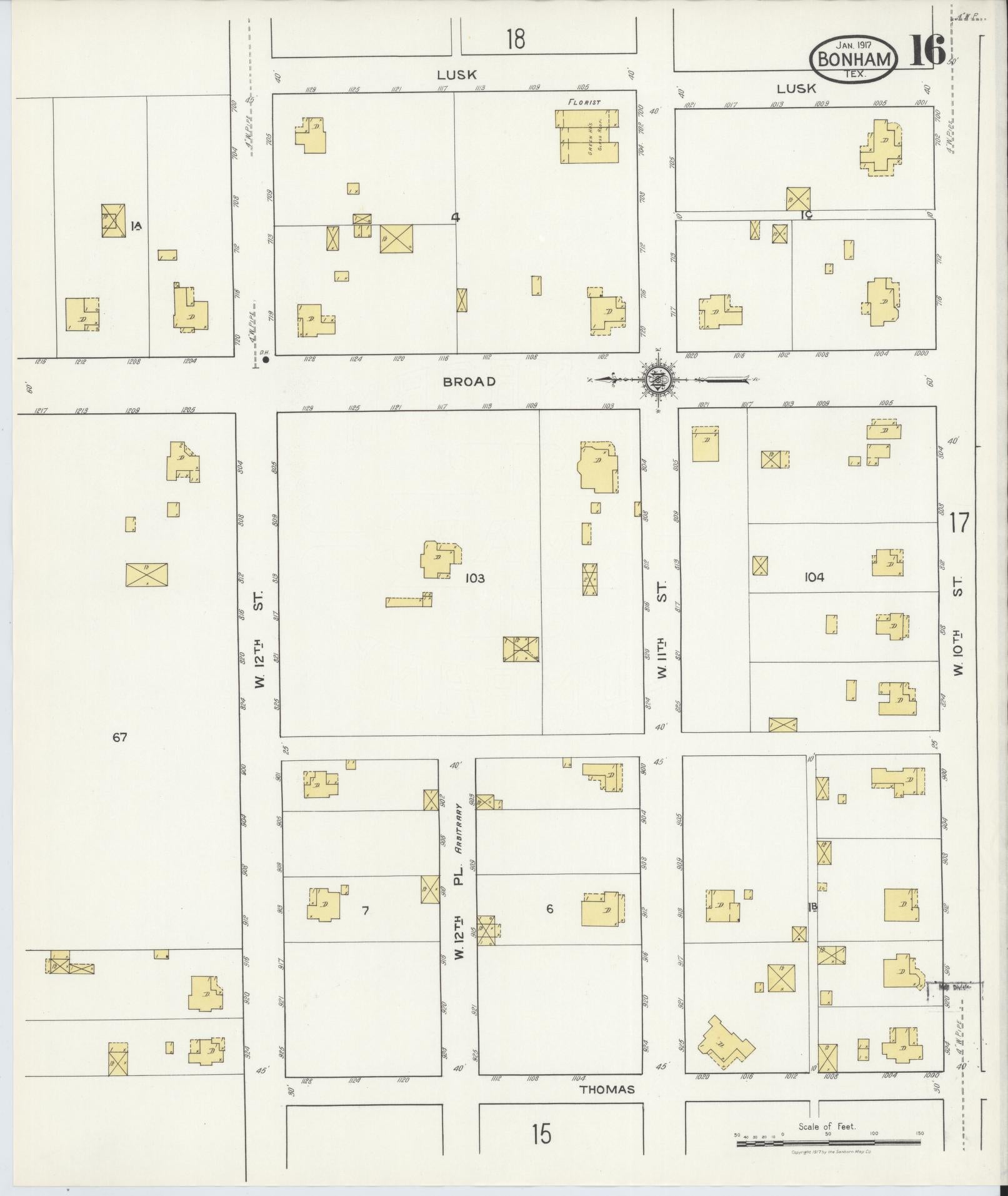 Sanborn Fire Insurance Map from Bonham, Fannin County, Texas (1917), Sheet #0016 - Historic Sanborn Fire Insurance Map Print, vintage old map wall art, antique decor, genealogy gift, Texas Texas map