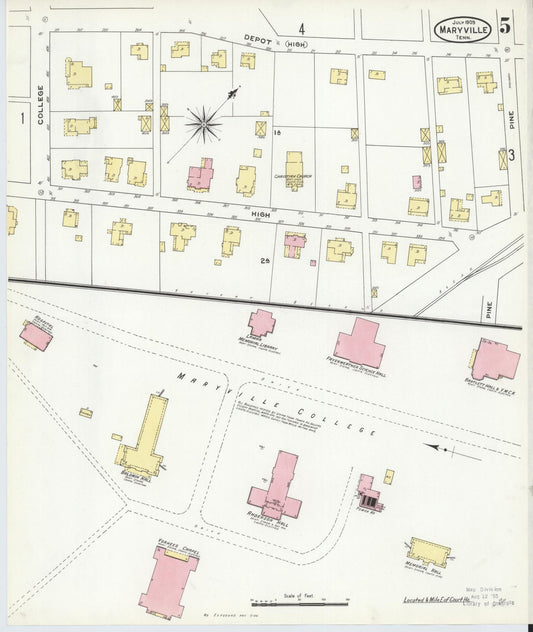 Sanborn Fire Insurance Map from Maryville, Blount County, Tennessee (1909), Sheet #0005 - Historic Sanborn Fire Insurance Map Print, vintage old map wall art, antique decor, genealogy gift, Tennessee Tennessee map
