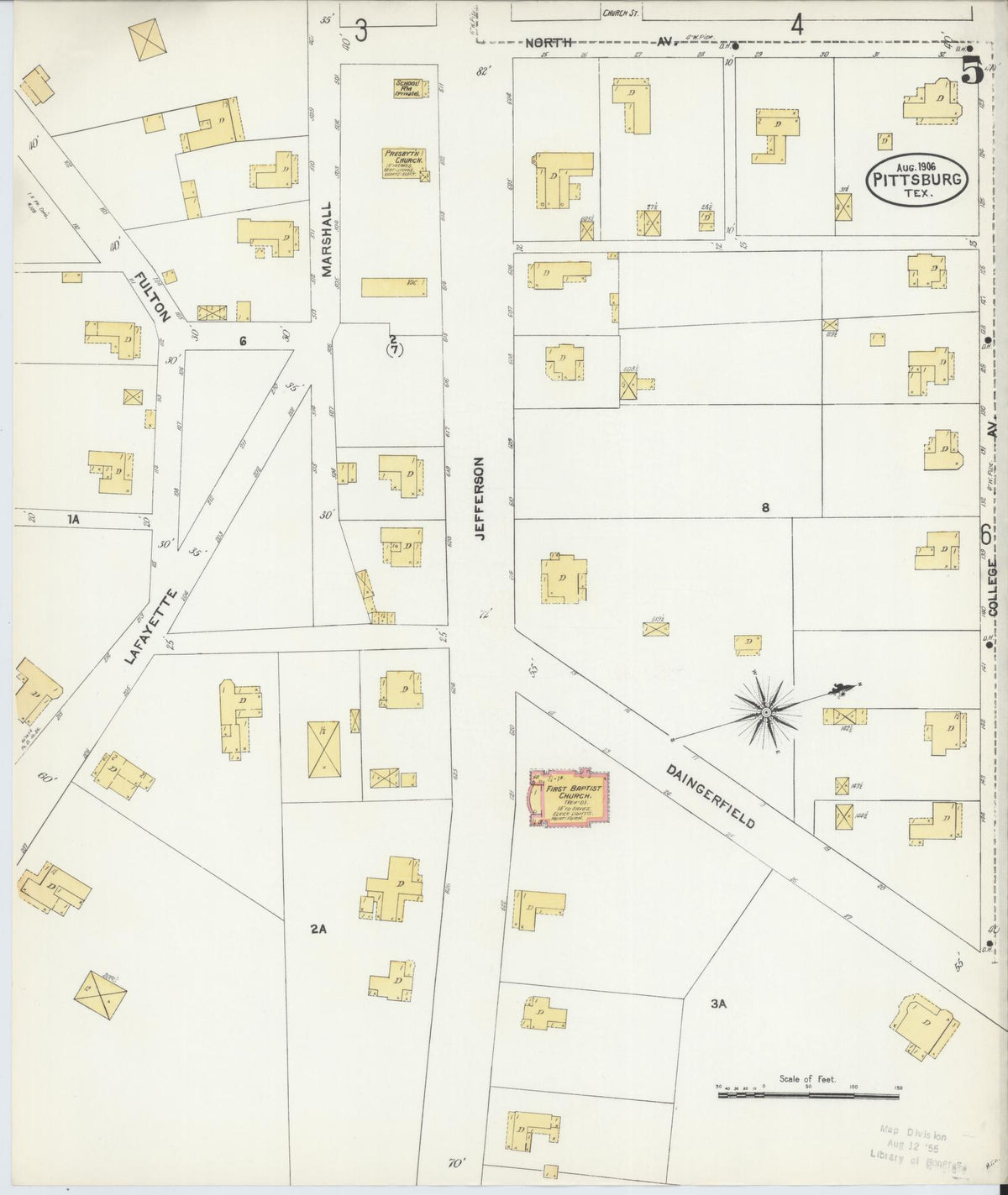 Sanborn Fire Insurance Map from Pittsburg, Camp County, Texas (1906), Sheet #0005 - Complete Map Set gallery image, historic Sanborn map, vintage wall art, Texas Texas