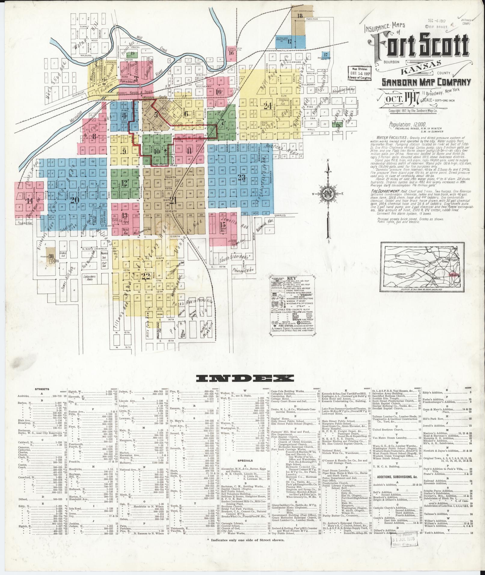 Sanborn Fire Insurance Map from Fort Scott, Bourbon County, Kansas (1917), Sheet #0001 - Historic Sanborn Fire Insurance Map Print, vintage old map wall art, antique decor, genealogy gift, Kansas Kansas map