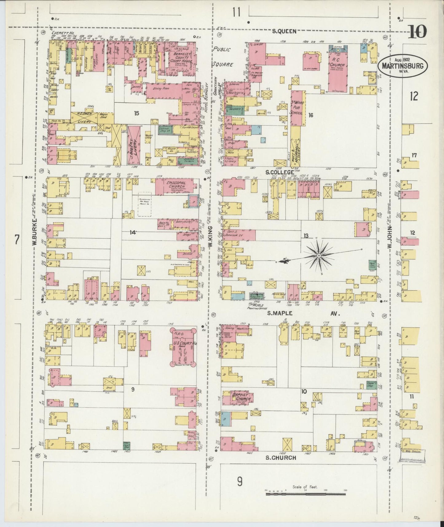 Sanborn Fire Insurance Map from Martinsburg, Berkeley County, West Virginia (1902), Sheet #0010 - Historic Sanborn Fire Insurance Map Print, vintage old map wall art, antique decor, genealogy gift, West Virginia West Virginia map