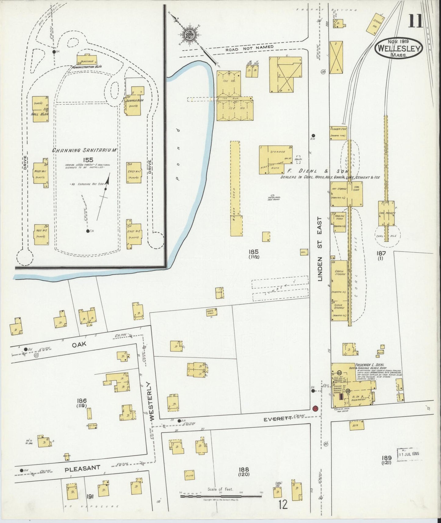 Sanborn Fire Insurance Map from Wellesley, Norfolk County, Massachusetts (1919), Sheet #0011 - Historic Sanborn Fire Insurance Map Print, vintage old map wall art, antique decor, genealogy gift, Massachusetts Massachusetts map