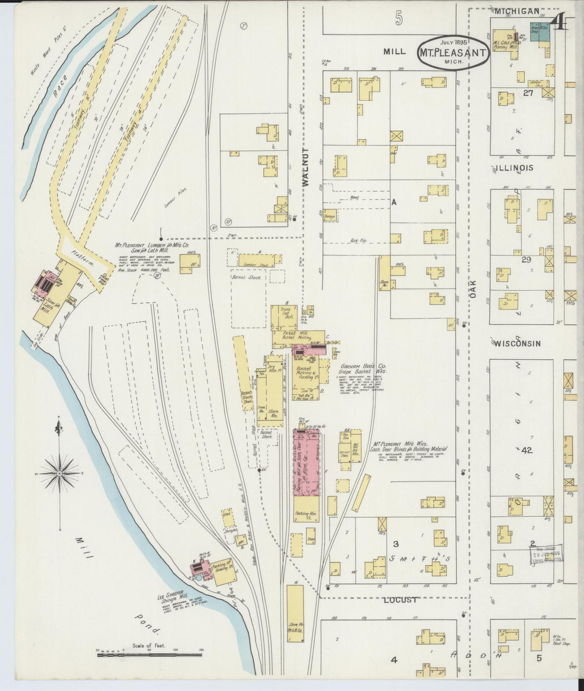 Sanborn Fire Insurance Map from Mount Pleasant, Isabella County, Michigan (1895), Sheet #0004 - Historic Sanborn Fire Insurance Map Print, vintage old map wall art, antique decor, genealogy gift, Michigan Michigan map