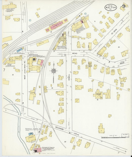 Sanborn Fire Insurance Map from Walton, Delaware County, New York (1911), Sheet #0009 - Historic Sanborn Fire Insurance Map Print, vintage old map wall art, antique decor, genealogy gift, New York New York map