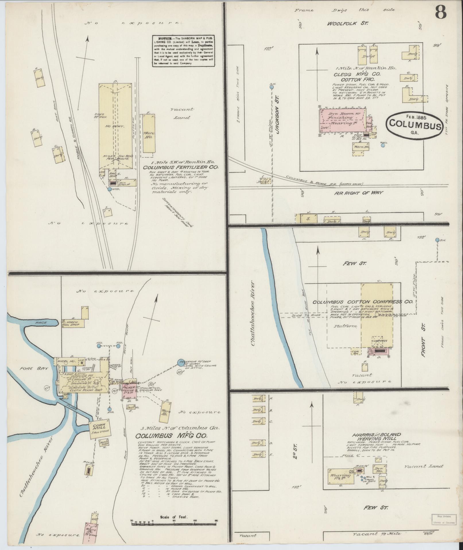 Sanborn Fire Insurance Map from Columbus, Muscogee County, Georgia (1885), Sheet #0008 - Historic Sanborn Fire Insurance Map Print, vintage old map wall art, antique decor, genealogy gift, Georgia Georgia map