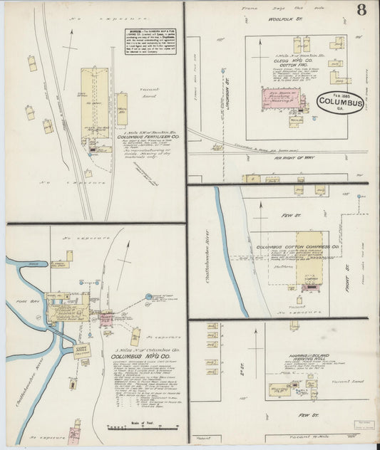 Sanborn Fire Insurance Map from Columbus, Muscogee County, Georgia (1885), Sheet #0008 - Historic Sanborn Fire Insurance Map Print, vintage old map wall art, antique decor, genealogy gift, Georgia Georgia map