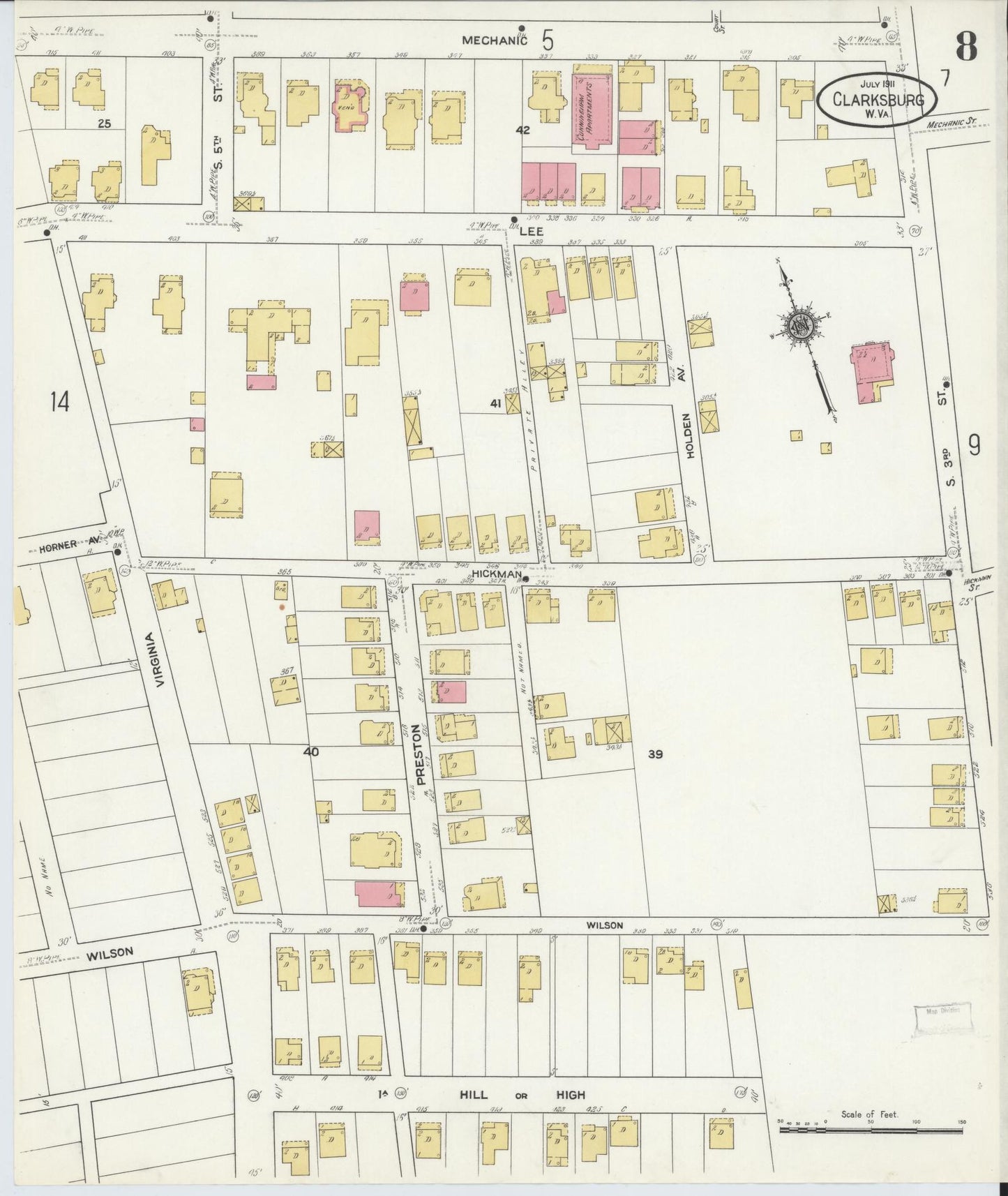 Sanborn Fire Insurance Map from Clarksburg, Harrison County, West Virginia (1911), Sheet #0008 - Complete Map Set gallery image, historic Sanborn map, vintage wall art, West Virginia West Virginia