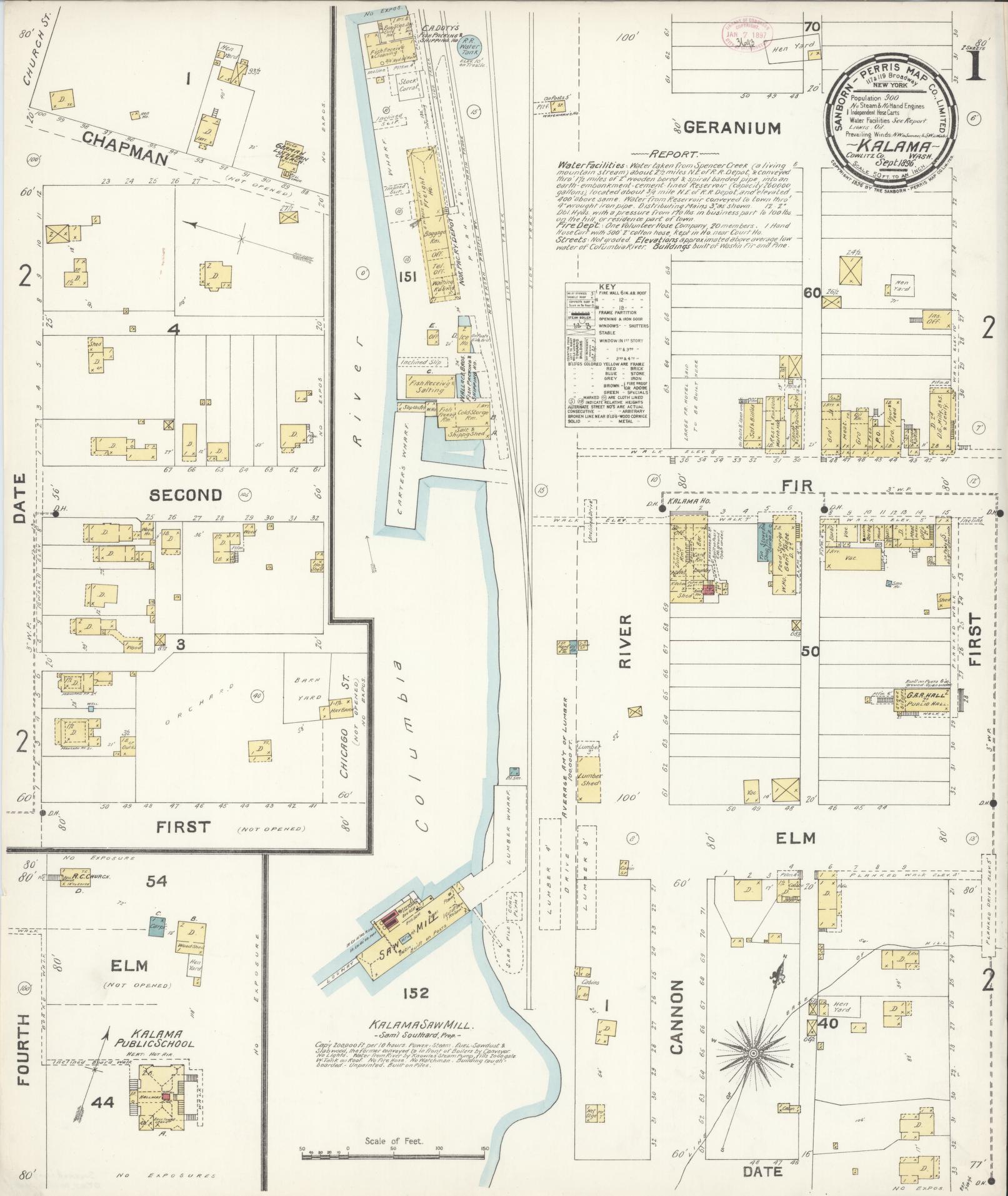 Sanborn Fire Insurance Map from Kalama, Cowlitz County, Washington (1896), Sheet #0001 - Complete Map Set gallery image, historic Sanborn map, vintage wall art, Washington Washington