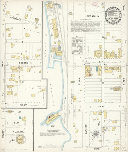 Sanborn Fire Insurance Map from Kalama, Cowlitz County, Washington (1896), Sheet #0001 - Complete Map Set gallery image, historic Sanborn map, vintage wall art, Washington Washington