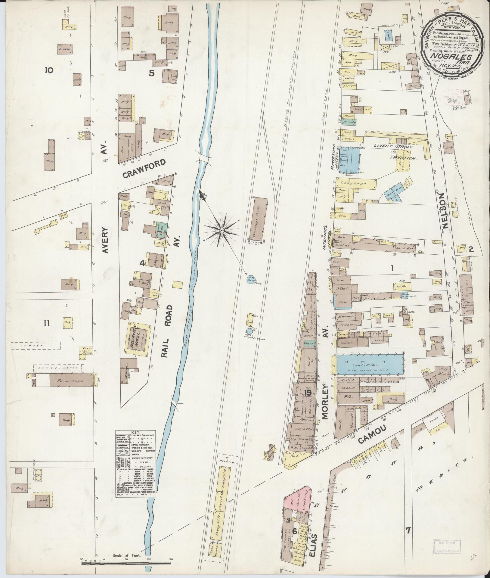 Sanborn Fire Insurance Map from Nogales, Santa Cruz County, Arizona (1890), Sheet #0001 - Historic Sanborn Fire Insurance Map Print, vintage old map wall art, antique decor, genealogy gift, Arizona Arizona map