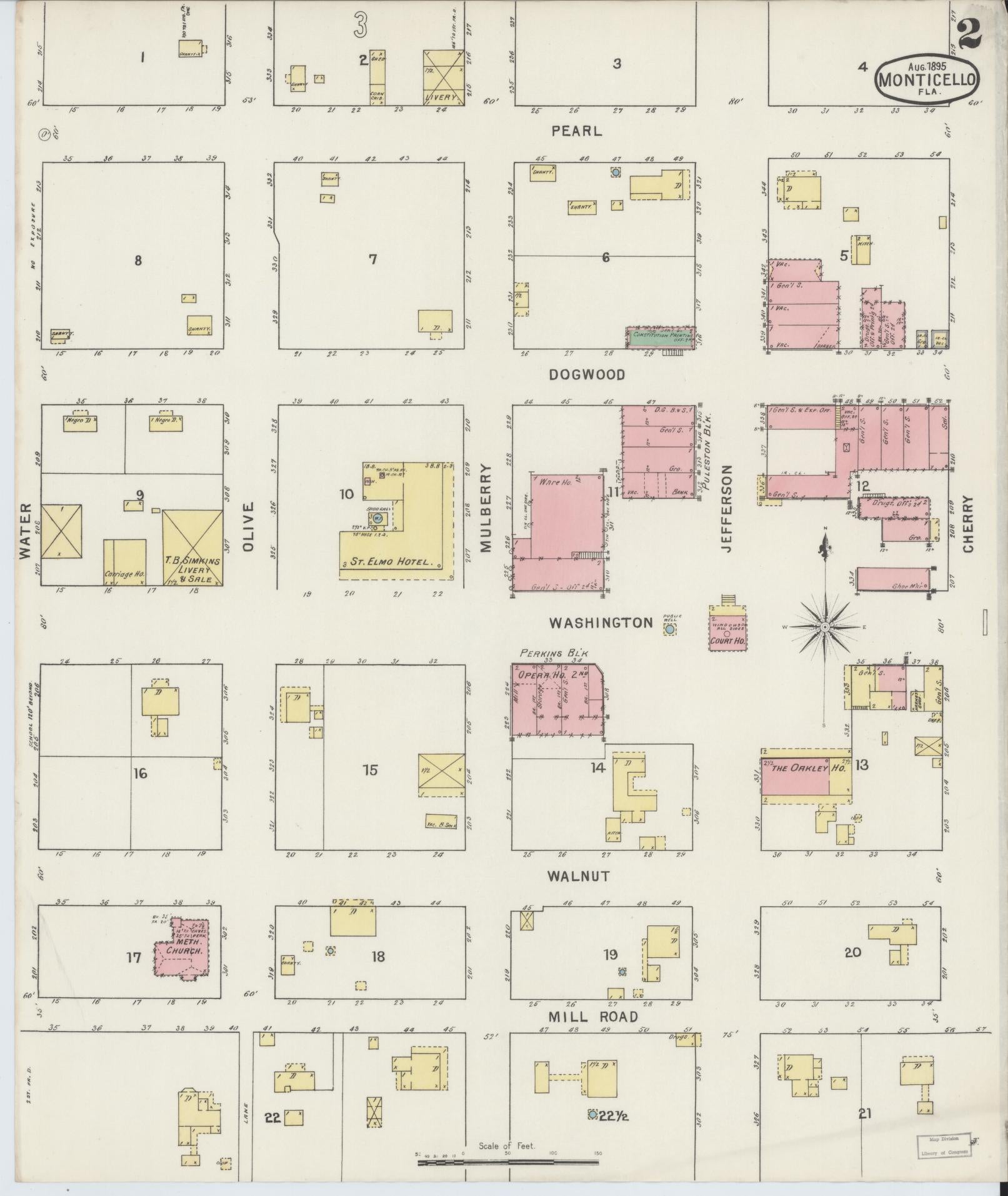 Sanborn Fire Insurance Map from Monticello, Jefferson County, Florida (1895), Sheet #0002 - Complete Map Set gallery image, historic Sanborn map, vintage wall art, Florida Florida