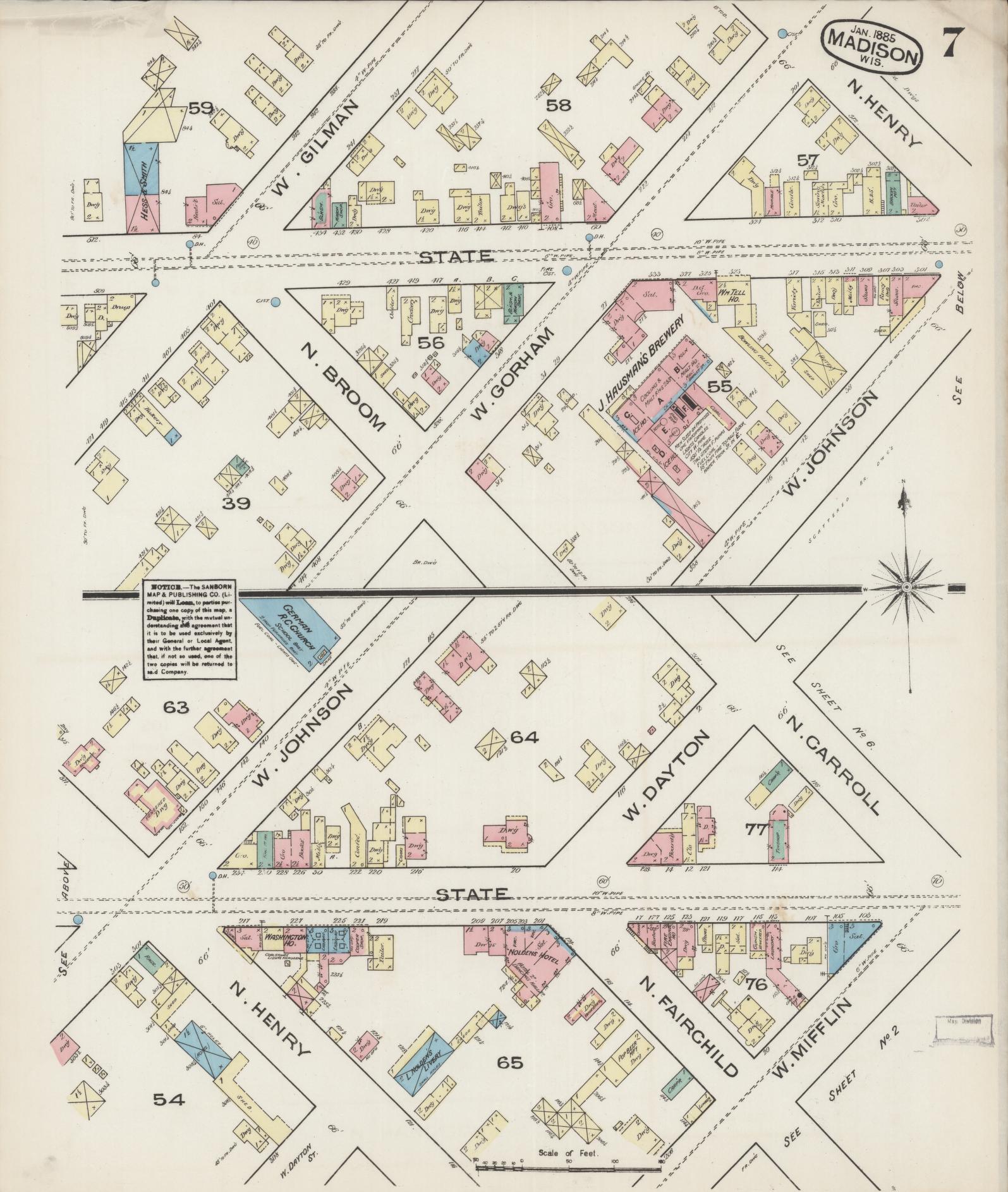 Sanborn Fire Insurance Map from Madison, Dane County, Wisconsin (1885), Sheet #0007 - Historic Sanborn Fire Insurance Map Print, vintage old map wall art, antique decor, genealogy gift, Wisconsin Wisconsin map