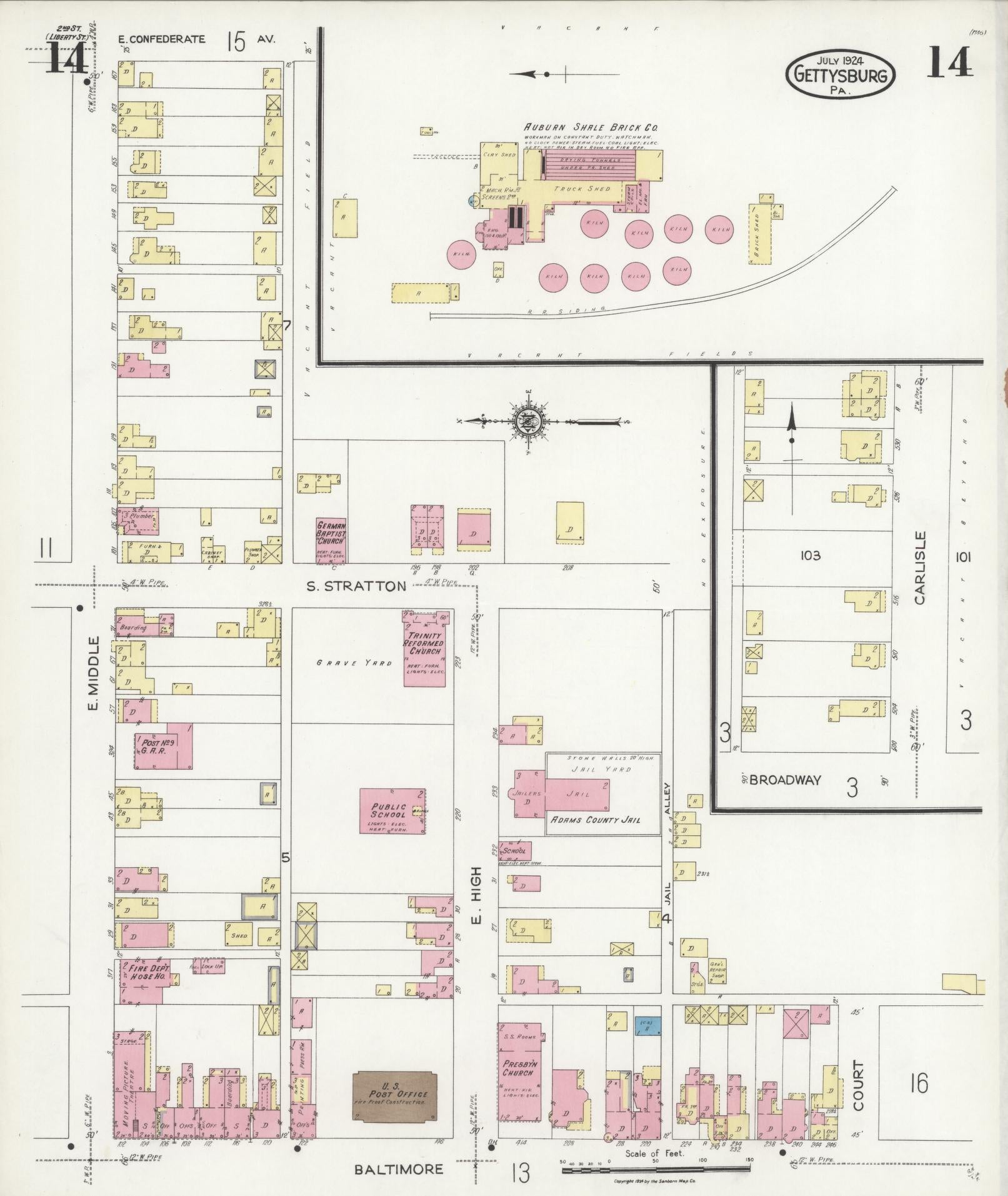 Sanborn Fire Insurance Map from Gettysburg, Adams County, Pennsylvania (1924), Sheet #0014 - Historic Sanborn Fire Insurance Map Print, vintage old map wall art, antique decor, genealogy gift, Pennsylvania Pennsylvania map