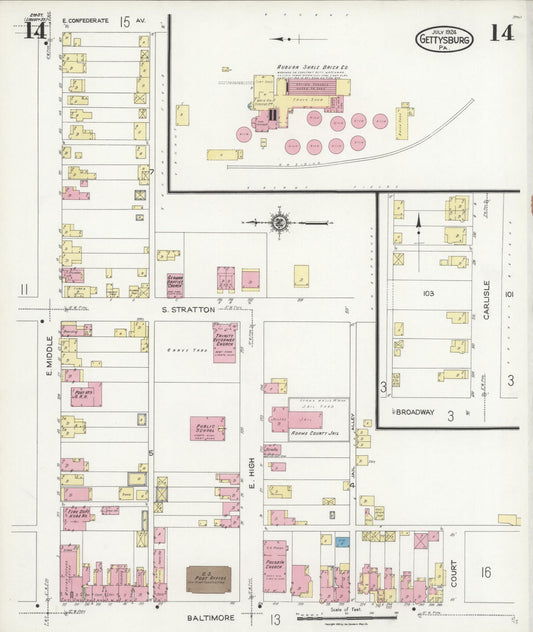 Sanborn Fire Insurance Map from Gettysburg, Adams County, Pennsylvania (1924), Sheet #0014 - Historic Sanborn Fire Insurance Map Print, vintage old map wall art, antique decor, genealogy gift, Pennsylvania Pennsylvania map