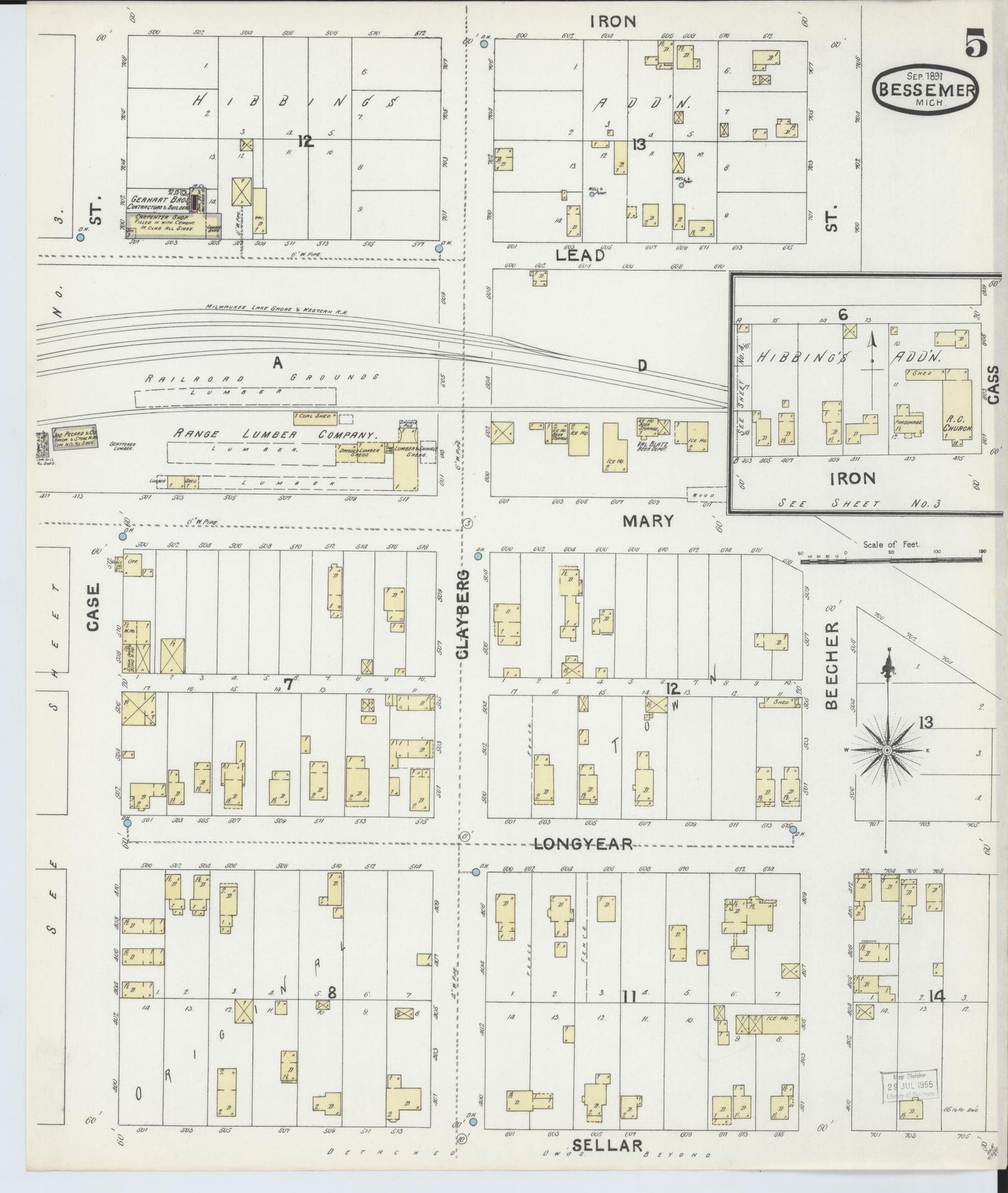 Sanborn Fire Insurance Map from Bessemer, Gogebic County, Michigan (1891), Sheet #0005 - Historic Sanborn Fire Insurance Map Print, vintage old map wall art, antique decor, genealogy gift, Michigan Michigan map