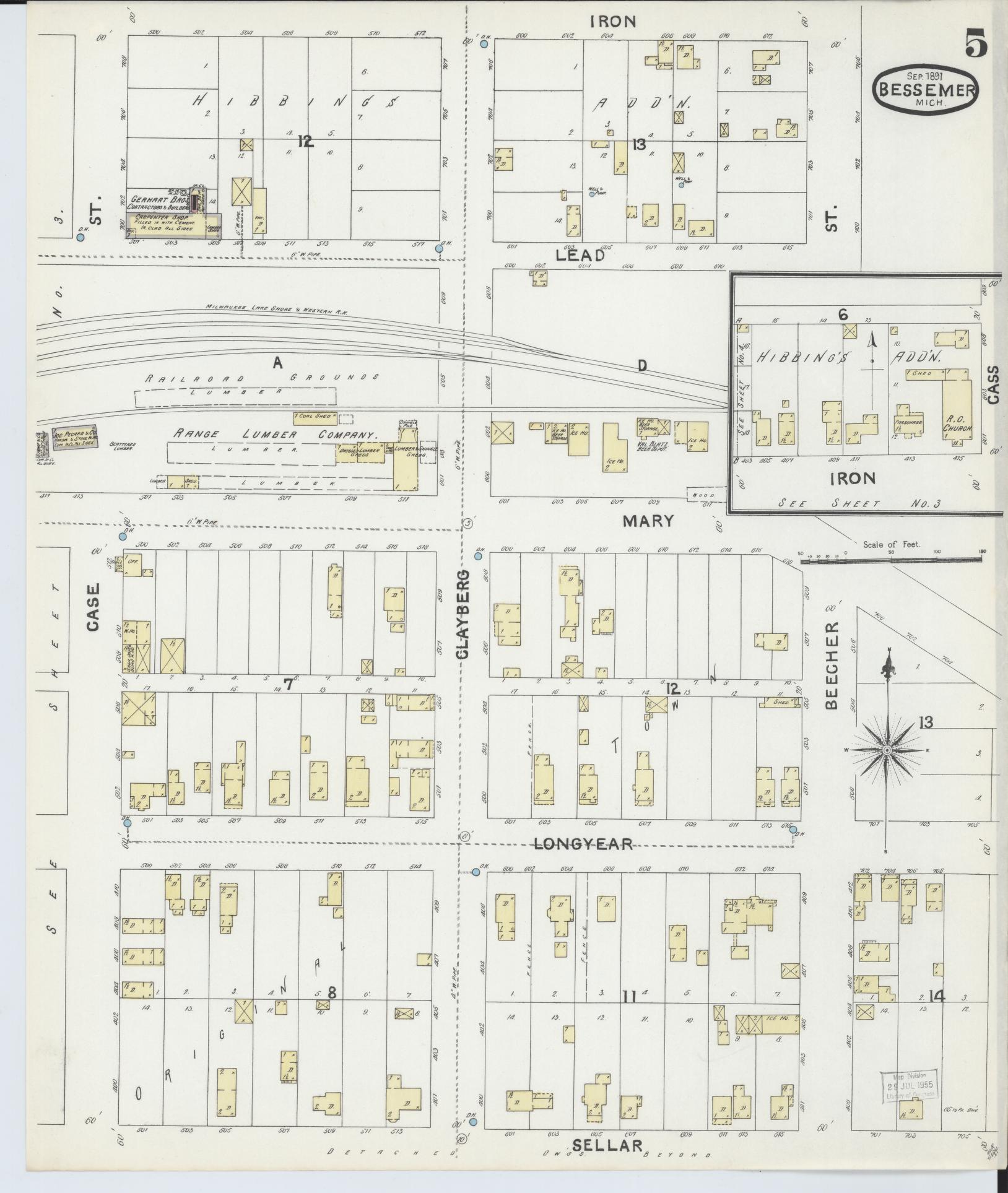 Sanborn Fire Insurance Map from Bessemer, Gogebic County, Michigan (1891), Sheet #0005 - Historic Sanborn Fire Insurance Map Print, vintage old map wall art, antique decor, genealogy gift, Michigan Michigan map