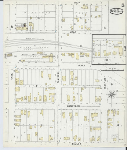 Sanborn Fire Insurance Map from Bessemer, Gogebic County, Michigan (1891), Sheet #0005 - Historic Sanborn Fire Insurance Map Print, vintage old map wall art, antique decor, genealogy gift, Michigan Michigan map