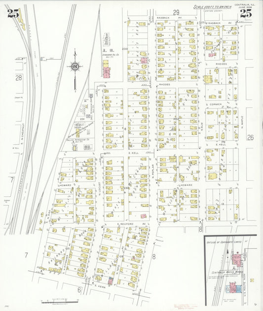 Sanborn Fire Insurance Map from Centralia, Marion, Clinton, Jefferson, and Washington Counties, Illinois (1938), Sheet #0025 - Historic Sanborn Fire Insurance Map Print, vintage old map wall art, antique decor, genealogy gift, Illinois Illinois map
